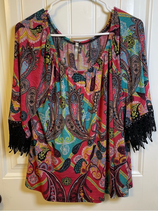 Voll Style Tops - Voll Women's Oversized Medium Paisley Blouse w/ Crochet Trim - Pink, Black,Teal
